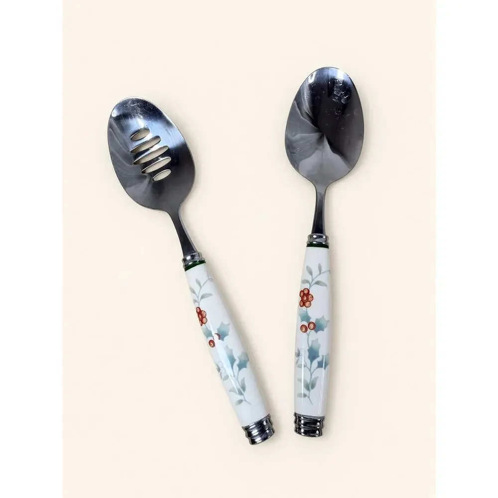 Pfaltzgraff Winterberry Holly Berry Ceramic Handle Stainless Serving Set 6pc